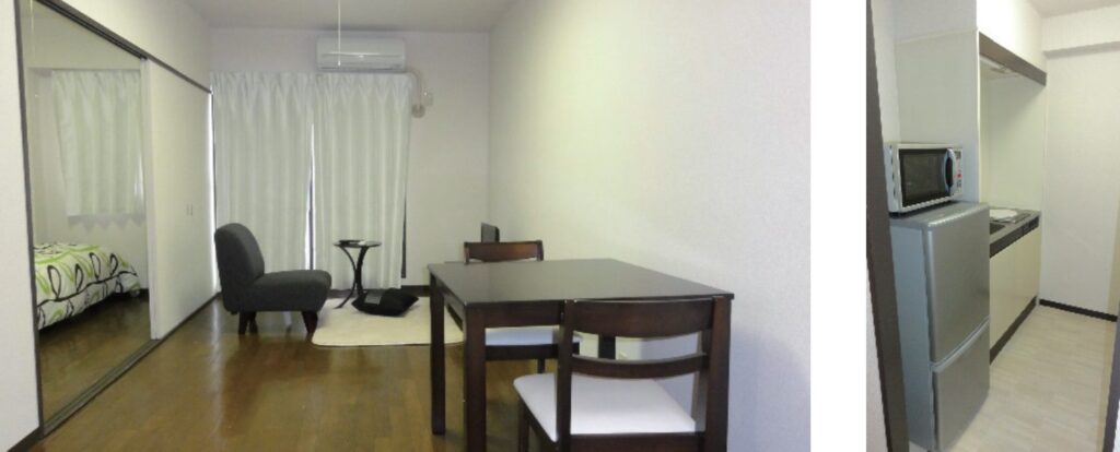 部屋の写真　椅子とテーブル、台所